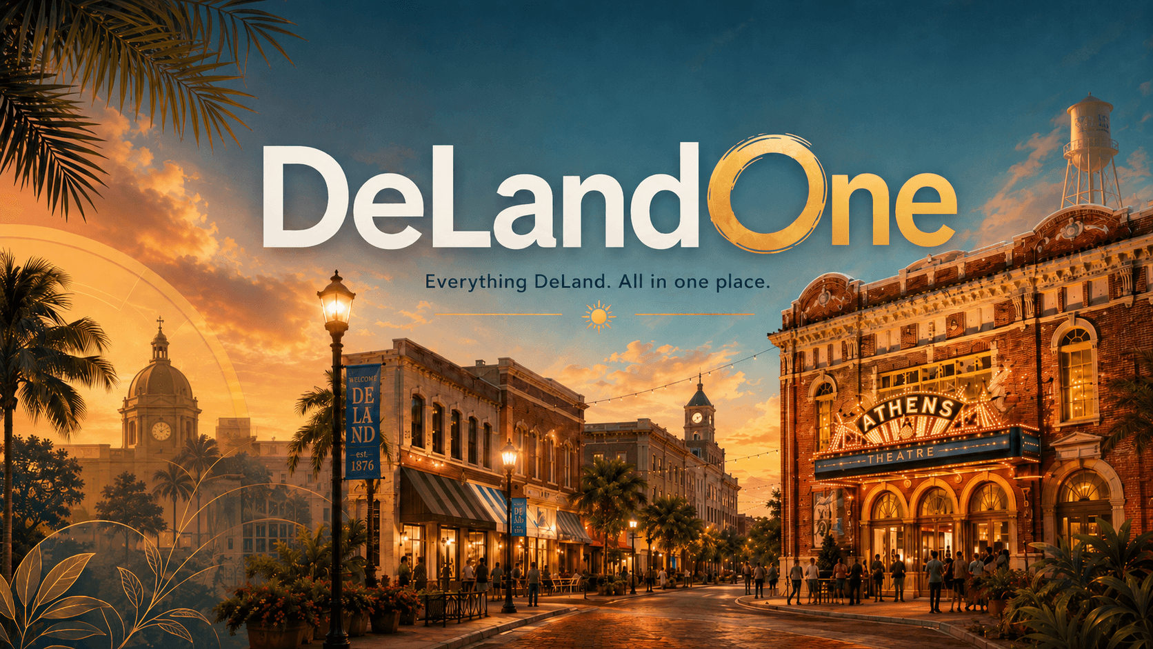Sunset over Woodland Boulevard and the Athens Theatre in downtown DeLand